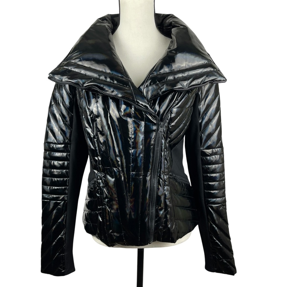 Blanc Noir Women's Puffer Jacket Medium Black Liquid Down Hooded Asymmetric Zip
